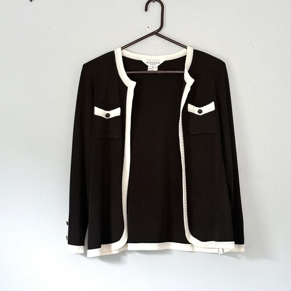 Misook Jacket Womens Petitie Medium Black Cream Open Front Knit Old Money